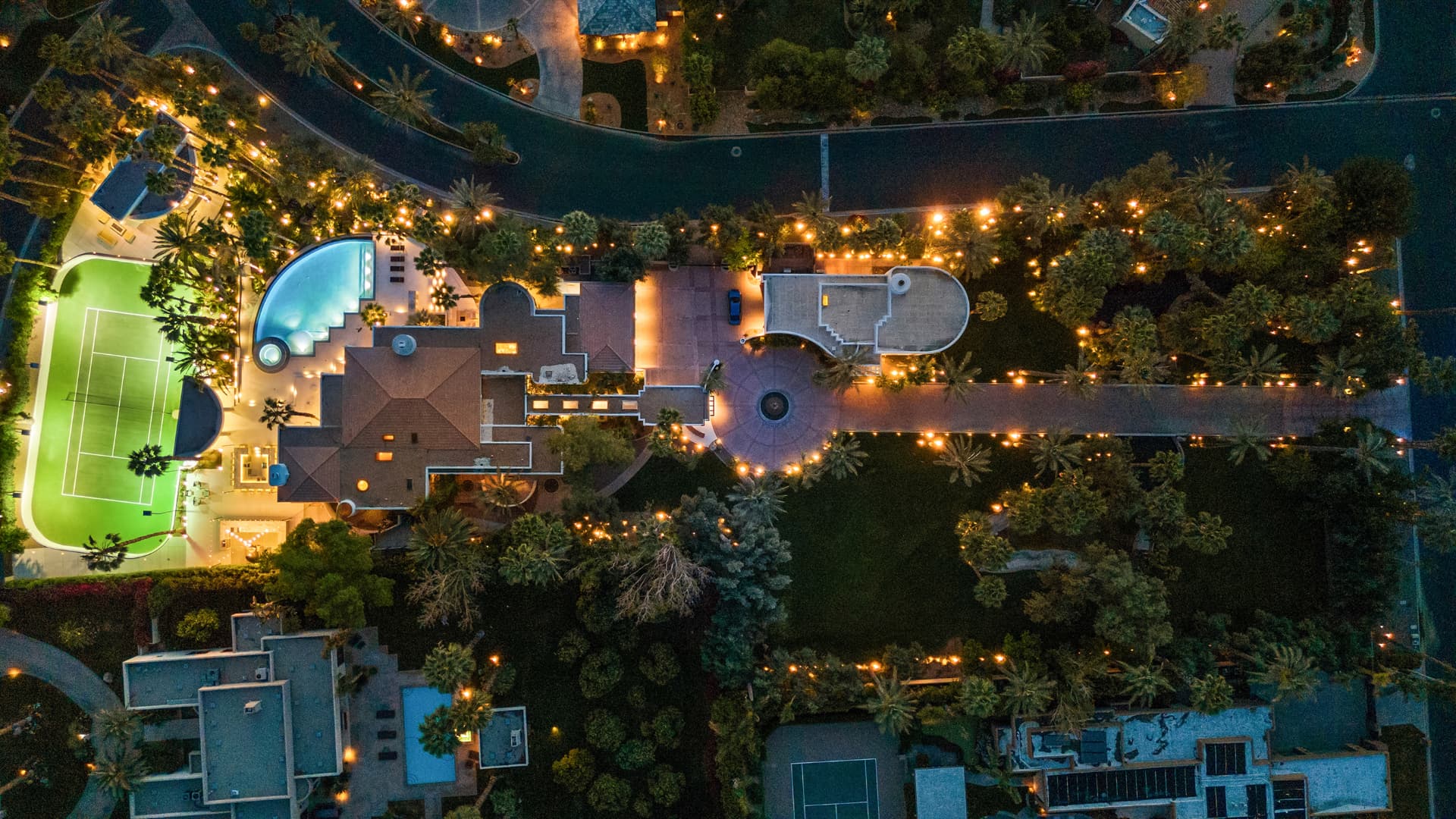 Aerial view of the 3 Mozart Lane estate at night
