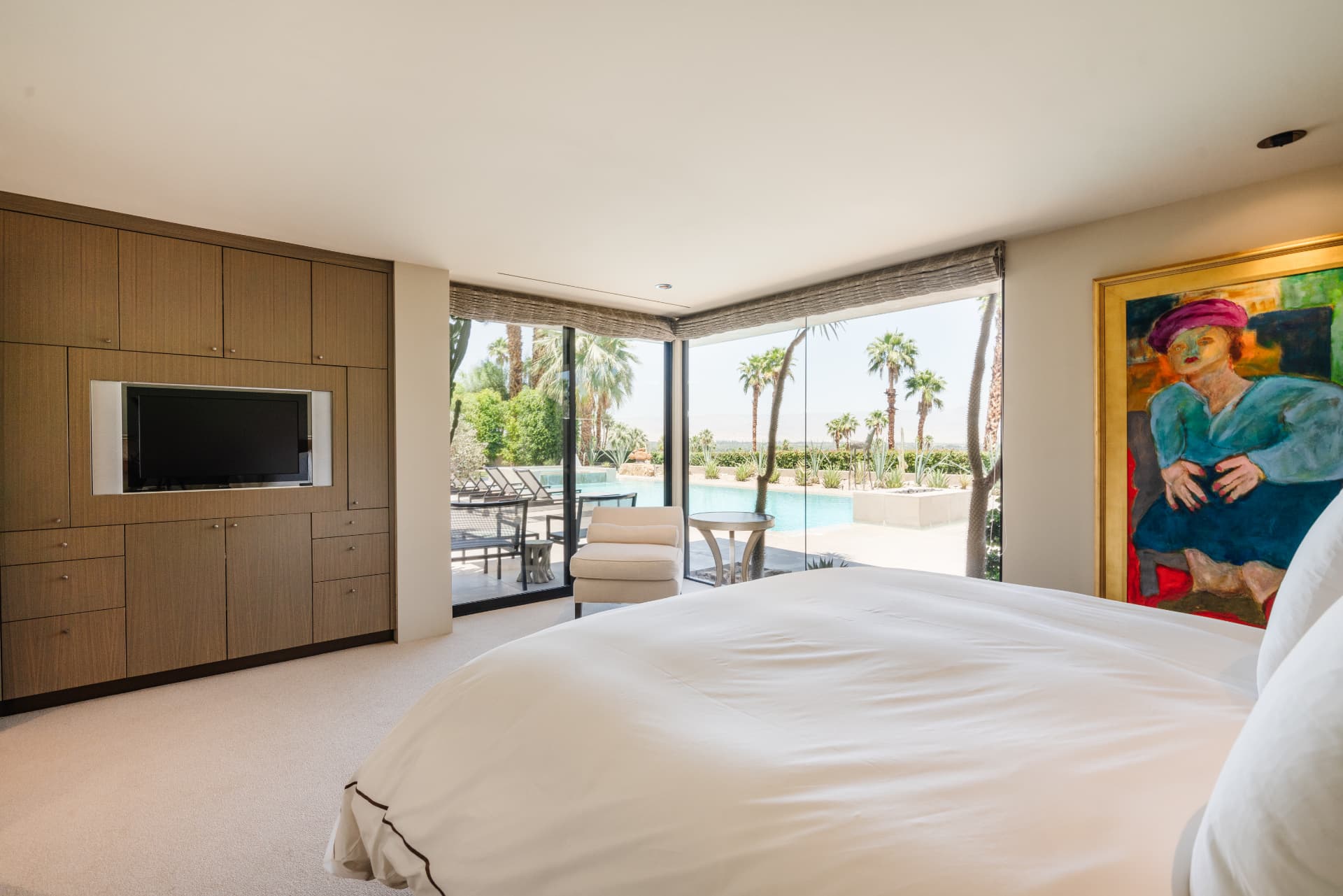 Bedroom with pool and valley views at 70257 Calico