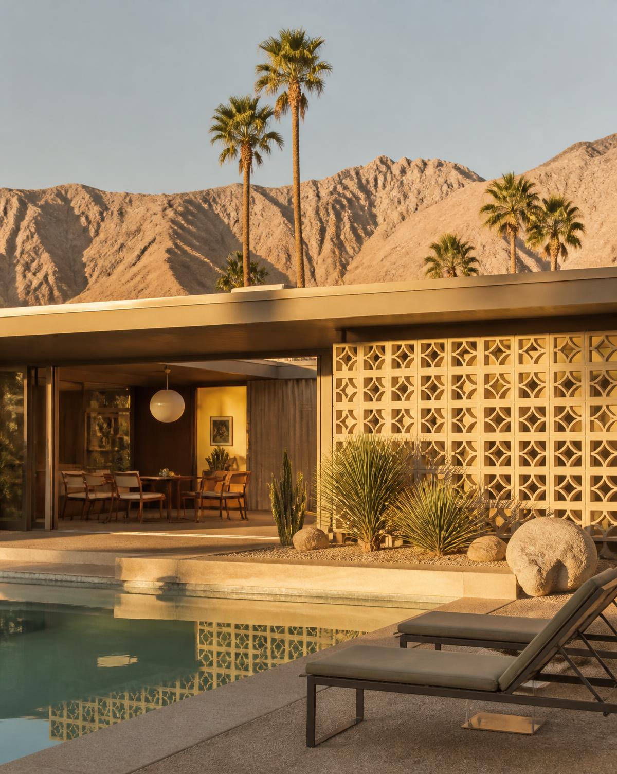 Mid-century modern Palm Springs home with breeze block wall, pool and mountain backdrop