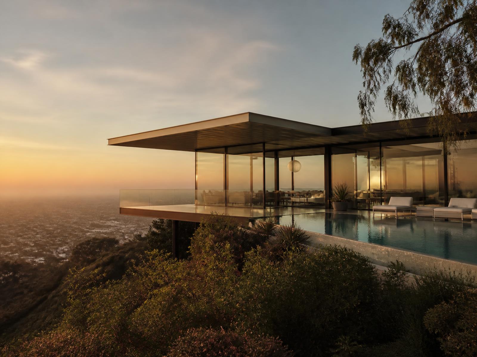 Cantilevered glass and steel Hollywood Hills home at golden hour above the Los Angeles basin
