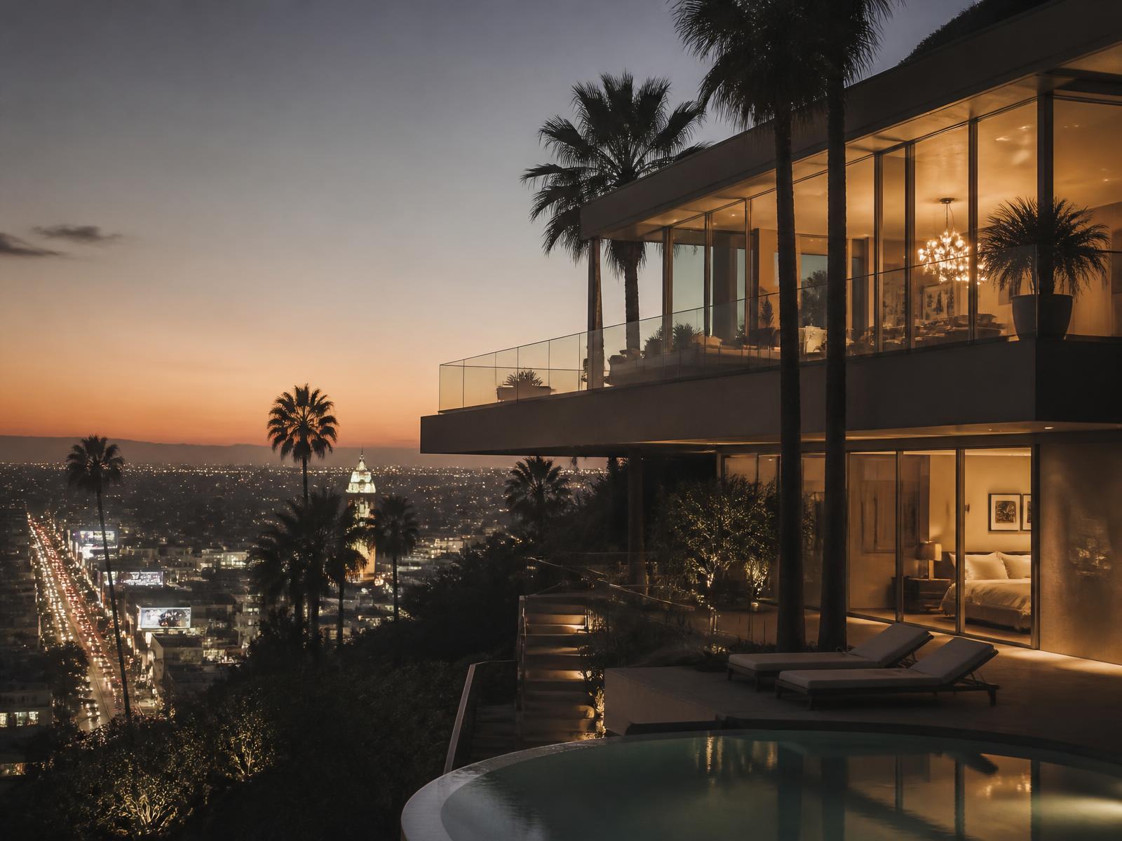 Modern West Hollywood residence at dusk with warm interior lighting, mature olive trees and a low stucco privacy wall